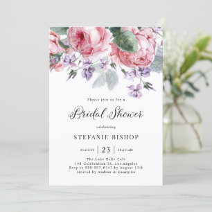 Watercolor Pink Garden Roses Spring Bridal Shower Invitation
