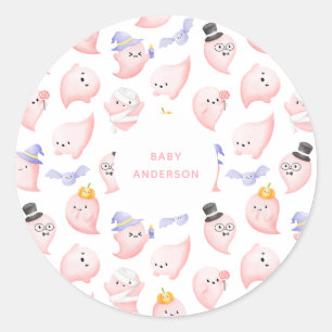 Watercolor Pink Ghosts Halloween Baby Shower Classic Round Sticker