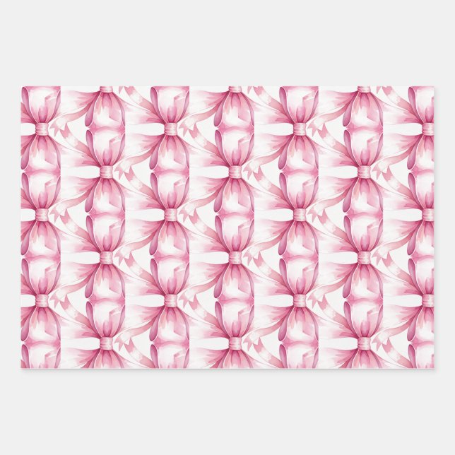 Watercolor Pink Gift Bow Wrapping Paper Sheets (Front)