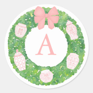 Watercolor Pink Ginger Jar Boxwood Wreath Monogram Classic Round Sticker