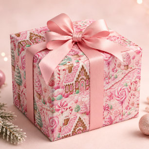 Watercolor Pink Gingerbread Candyland Christmas Wrapping Paper