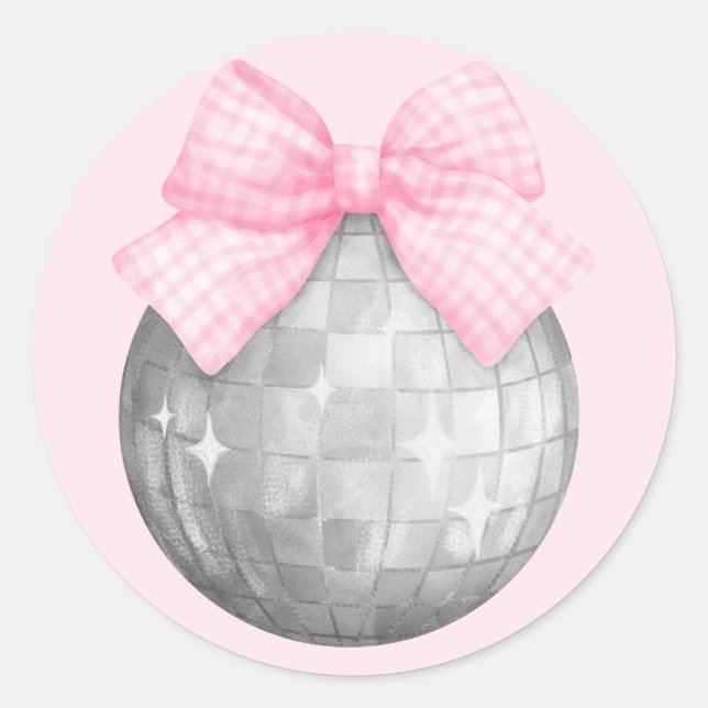 Watercolor Pink Gingham Bow Silver Disco Ball Classic Round Sticker (Front)