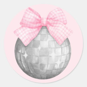 Watercolor Pink Gingham Bow Silver Disco Ball Classic Round Sticker