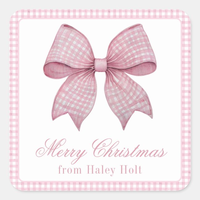 Watercolor Pink Gingham Bow Square Sticker (Front)