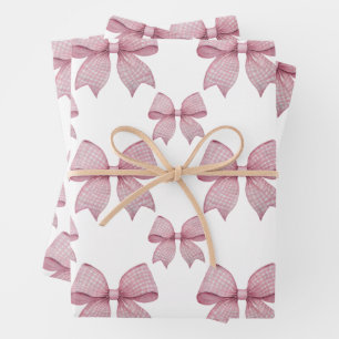 Watercolor Pink Gingham Bow Wrapping Paper Sheet