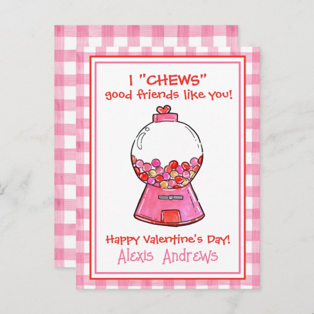Watercolor Pink Gingham Gumballs Valentine's Cards (Front/Back)
