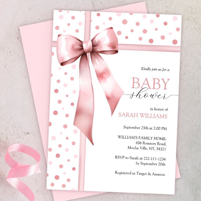 Watercolor Pink Girl Bow Baby Shower Invitation (Creator Uploaded)