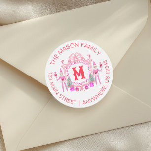 Watercolor Pink Girl Elf Monogram Crest Address Classic Round Sticker