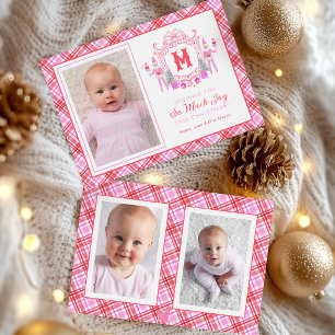 Watercolor Pink Girl Elf Monogram Crest Holiday Card