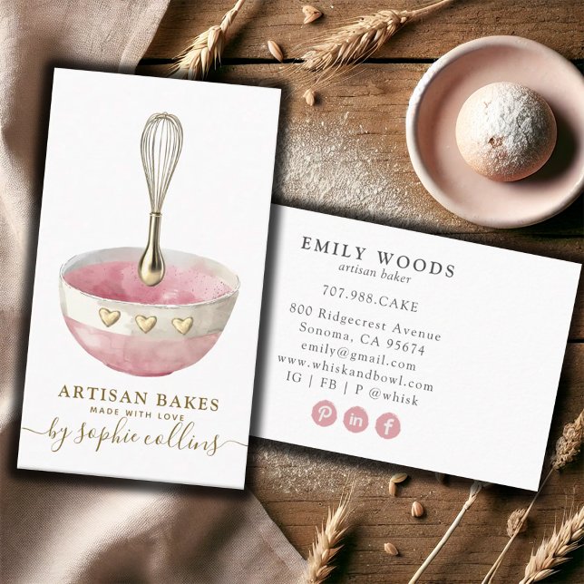 Watercolor Pink Gold Baker Bakery Pastry Chef Business Card (Creator Uploaded)