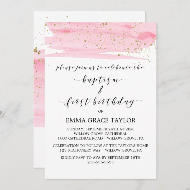 Watercolor Pink & Gold Baptism & 1st Birthday Invitation (Front/Back)