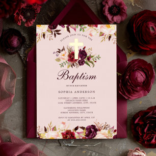 Watercolor Pink Gold Burgundy Floral Baptism 