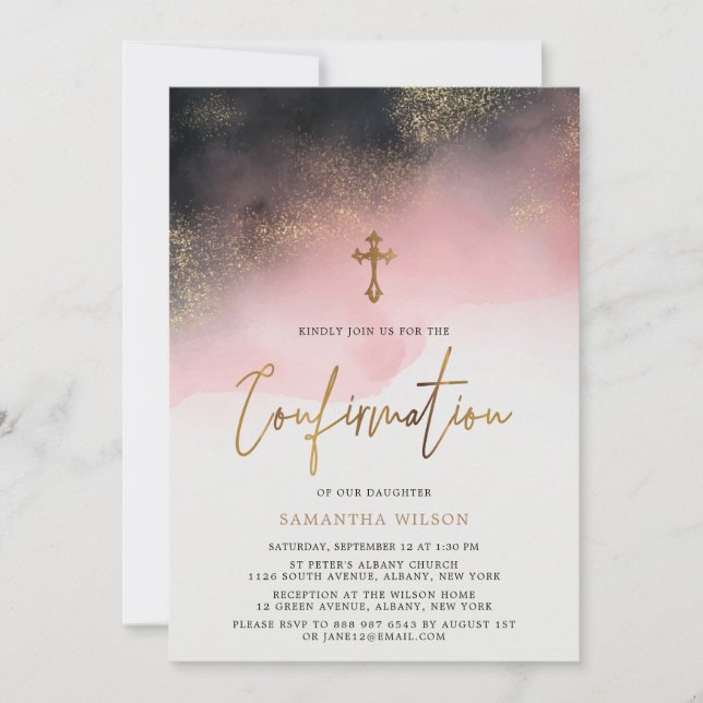 Watercolor Pink & Gold Confirmation Invitation (Front)