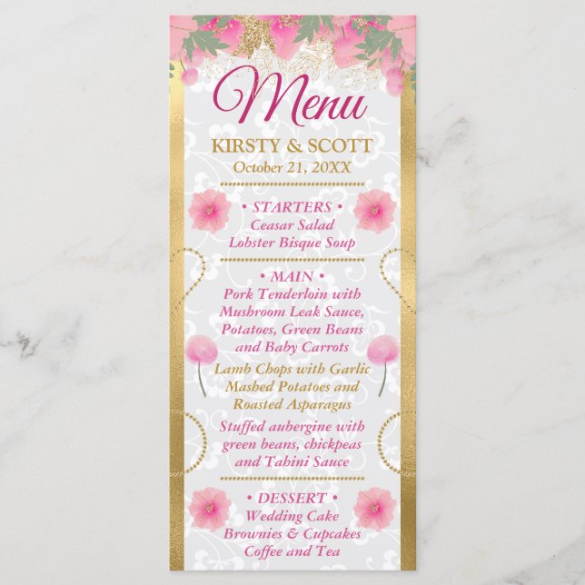 Watercolor Pink  & Gold Flowers Wedding Menu (Front)