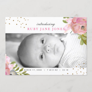 Watercolor Pink Gold Glitter Birth Announcement