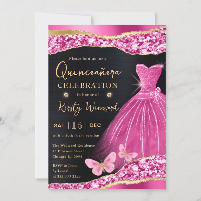 Watercolor Pink & Gold Glitter Dress Quinceanera Invitation (Front)