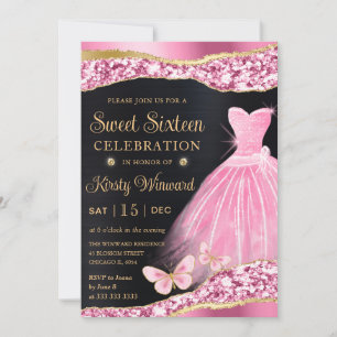 Watercolor Pink & Gold Glitter Dress Sweet Sixteen Invitation