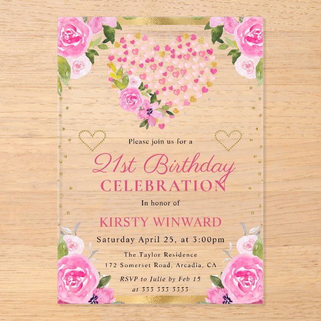 Watercolor Pink Gold Hearts Flowers 21st Birthday Acrylic Invitations (Front)