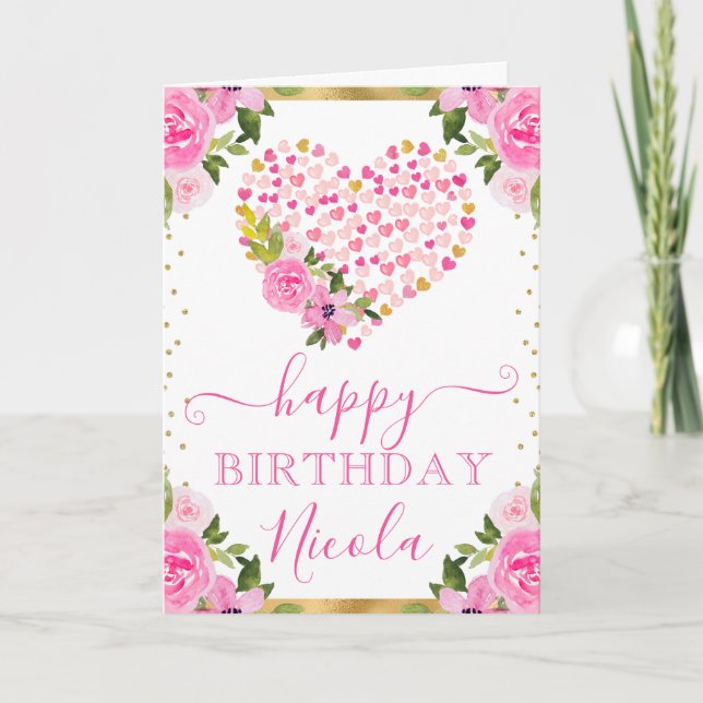 Watercolor Pink Gold Hearts Flowers Birthday Card (Front)