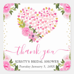 Watercolor Pink Gold Hearts Flowers Bridal Shower Square Sticker