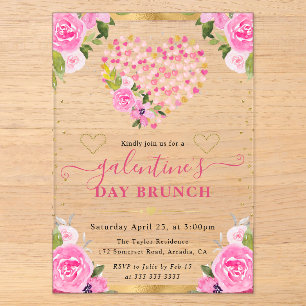 Watercolor Pink & Gold Hearts & Flowers Galentine' Acrylic Invitations