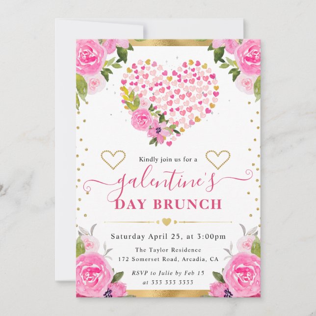 Watercolor Pink & Gold Hearts & Flowers Galentine' Invitation (Front)