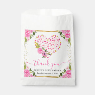 Watercolor Pink Gold Hearts Flowers Quinceanera Favour Bag
