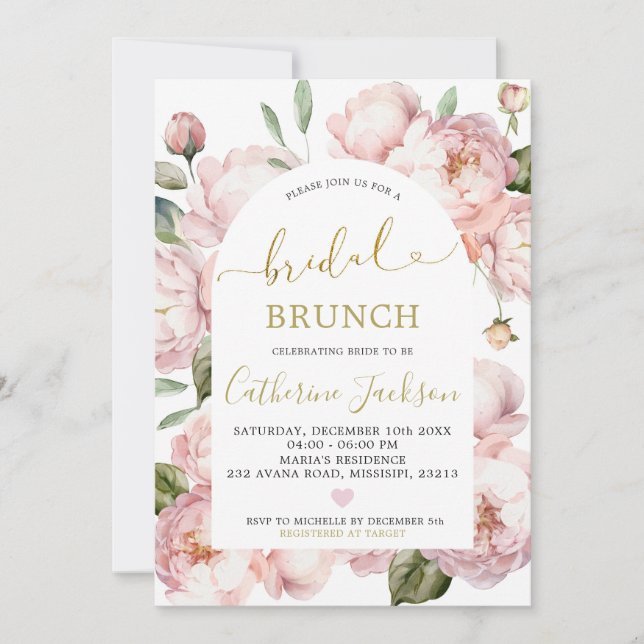 Watercolor Pink Gold Peony Floral Bridal Brunch Invitation (Front)