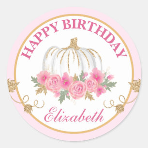 Watercolor Pink & Gold Pumpkin Happy Birthday Classic Round Sticker