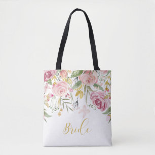 Watercolor Pink Gold Roses Greenery Bride Tote Bag