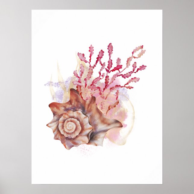 Watercolor Pink & Gold Seashell Modern Wall Art (Front)