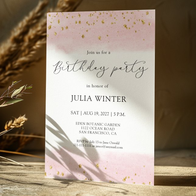 Watercolor Pink Gold Sparkle Birthday Party  Invitation (Creator Uploaded)