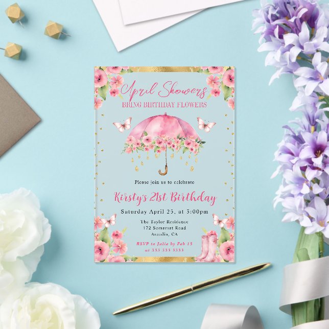 Watercolor Pink Gold Spring Umbrella 21st Birthday Acrylic Invitations (Insitu (Wedding))