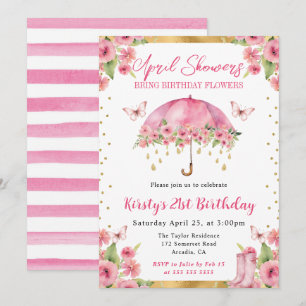 Watercolor Pink Gold Spring Umbrella 21st Birthday Invitation