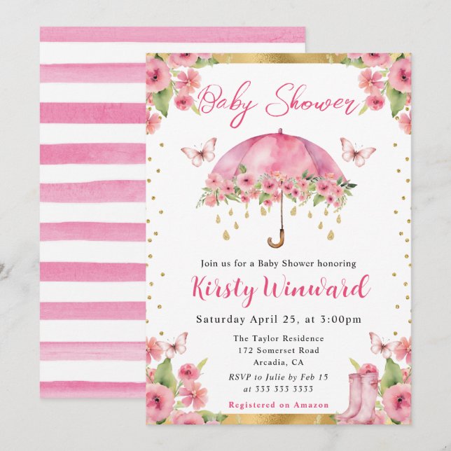Watercolor Pink Gold Spring Umbrella Baby Shower Invitation (Front/Back)