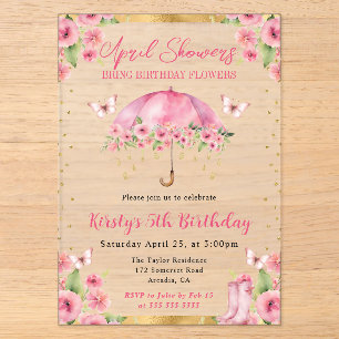 Watercolor Pink Gold Spring Umbrella Kids Birthday Acrylic Invitations