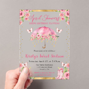 Watercolor Pink Gold Spring Umbrella Sweet Sixteen Acrylic Invitations