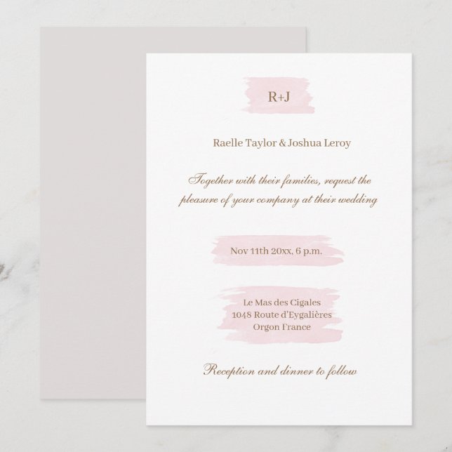 Watercolor Pink Gold White Grey Elegant Wedding Invitation (Front/Back)