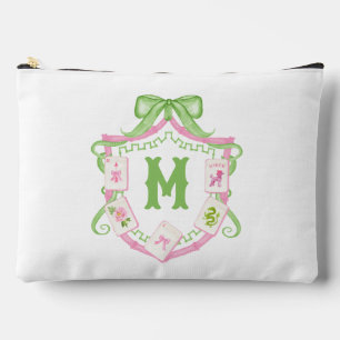 Watercolor Pink & Green Bow Mahjong Monogram Crest Accessory Pouch