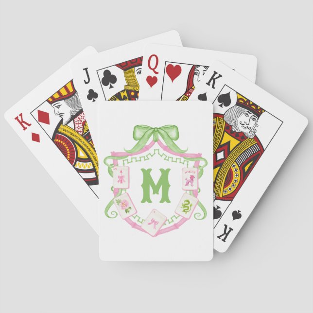 Watercolor Pink & Green Bow Mahjong Monogram Crest Playing Cards (Back)