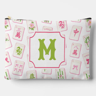 Watercolor Pink & Green Bow Mahjong Tiles Monogram Accessory Pouch