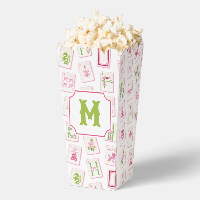 Watercolor Pink & Green Bow Mahjong Tiles Monogram Favour Box (Popped)