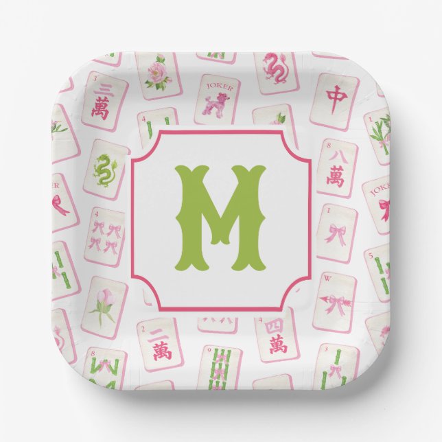 Watercolor Pink & Green Bow Mahjong Tiles Monogram Paper Plate (Front)