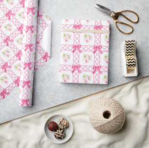 Watercolor Pink & Green Bow Mahjong Wrapping Paper