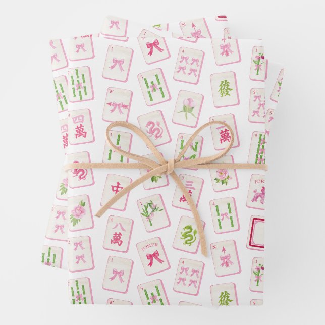 Watercolor Pink & Green Bow Mahjong Wrapping Paper Sheet (In situ)