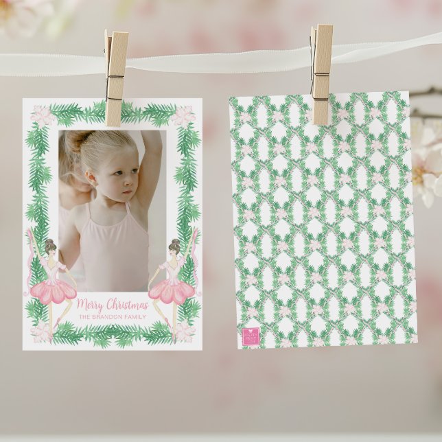 Watercolor Pink & Green Christmas Ballerinas Photo Holiday Card (Creator Uploaded)