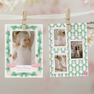 Watercolor Pink & Green Christmas Ballerinas Photo Holiday Card