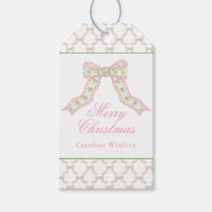 Watercolor Pink & Green Christmas Butterfly Bows Gift Tags