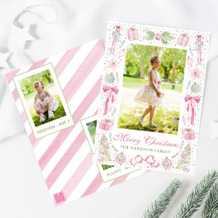 Watercolor Pink & Green Christmas Frame Photo Holiday Card