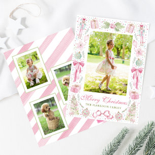 Watercolor Pink & Green Christmas Frame Photo Holiday Card